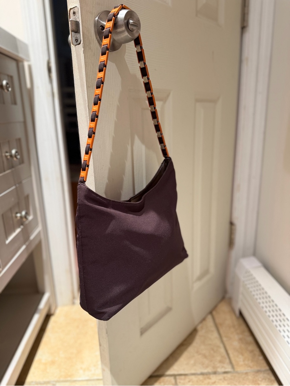 Salvatore Ferragamo Nylon Shoulder Tote Bag with Plastic Chain Strap EUC Brown - Picture 4 of 15